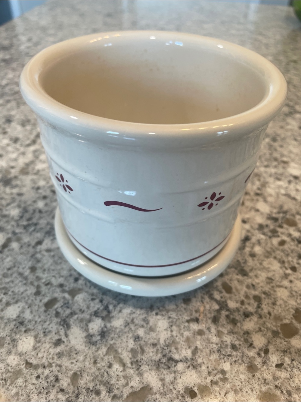 Longaberger Pottery White Ceramic Planter with Burgundy Accent